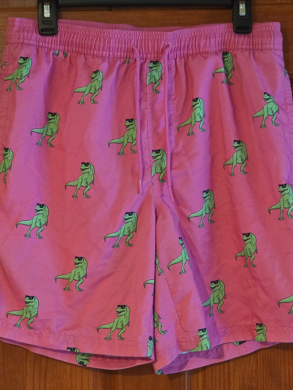 Sonoma Men’s S Swim Shorts Pink/Green Dinosaur Print Drawstring Lined Pockets